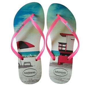Havaianas woman's pink and blue with beach theme flip flops size 11/12